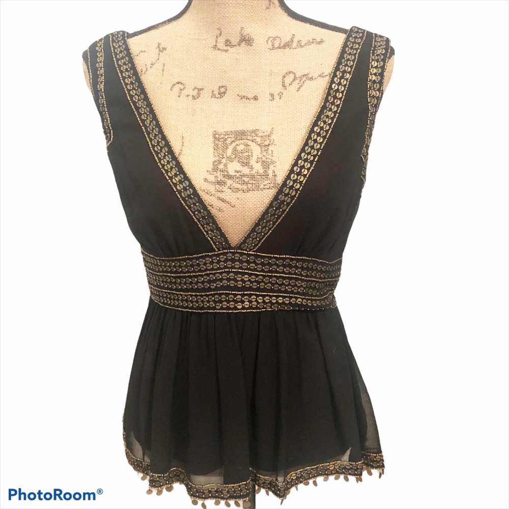 Night Way Black Beaded V Neck w Medallion Accents